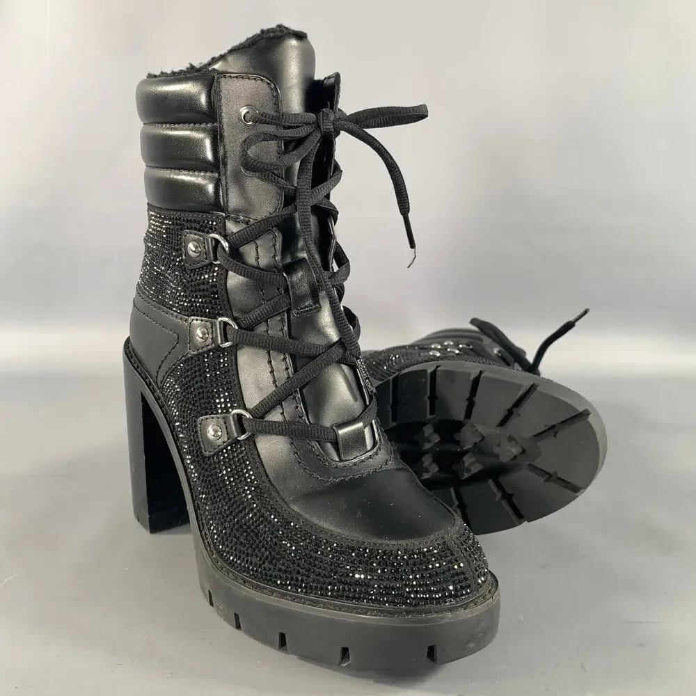 MICHAEL KORS Size 10 Black Rhinestones Lace Up Boots
